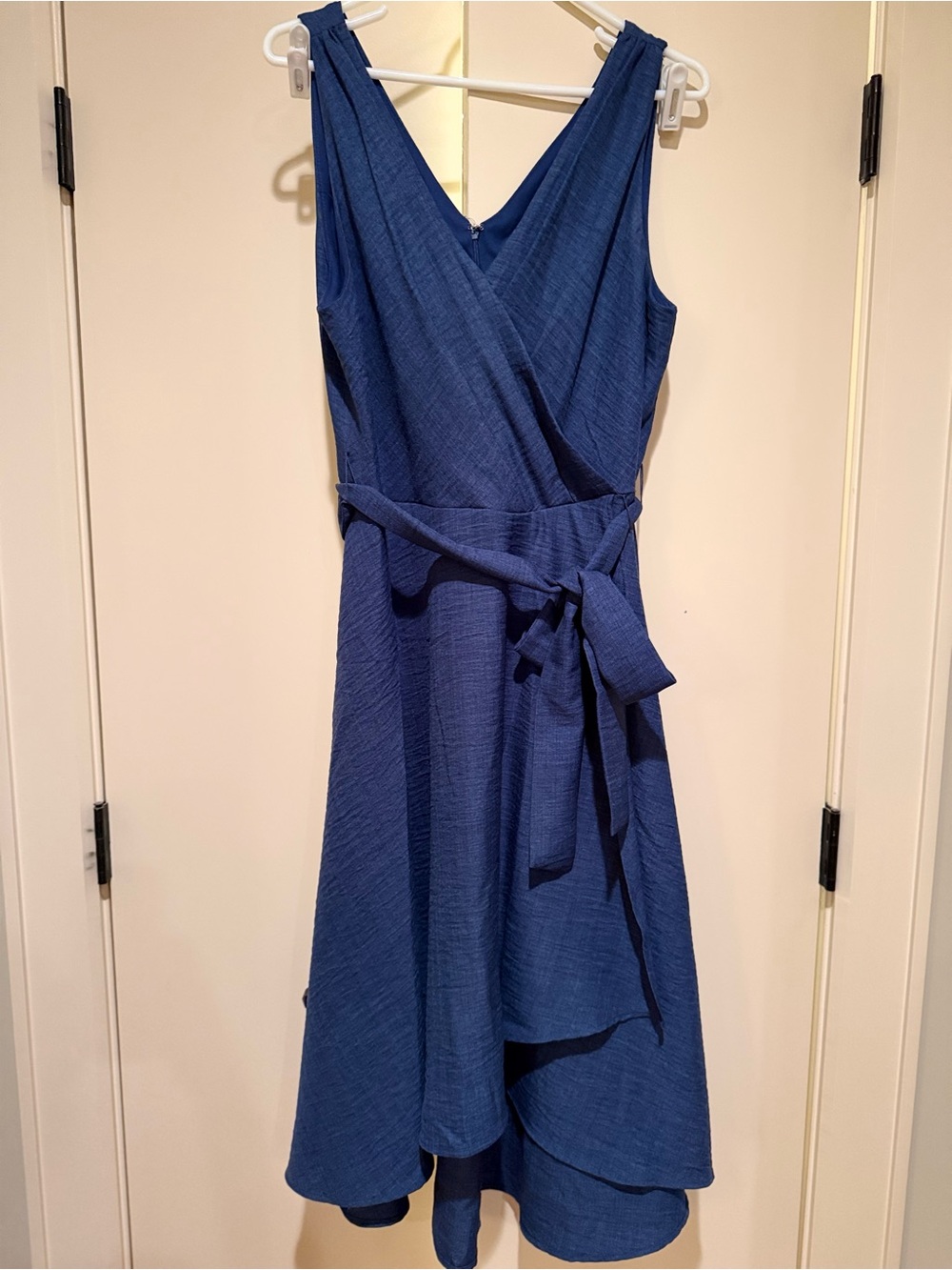 DKNY Deep Blue Sleeveless Wrap Midi Dress with Waist Tie